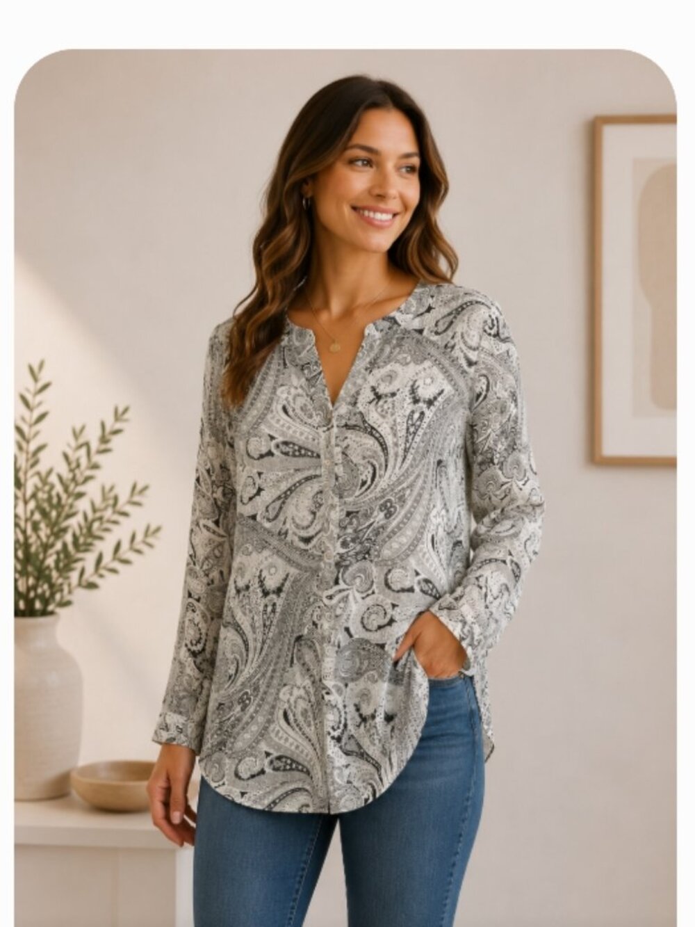 Talbots women's XS black/white paisley print pop over top tunic EUC